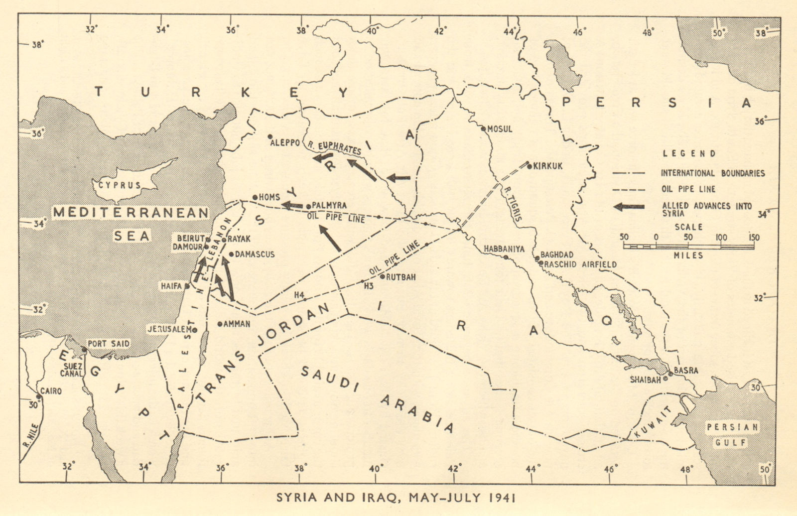 Syria & Iraq, May-July 1941. World War 2. Oil pipelines. Allied advance 1953 map