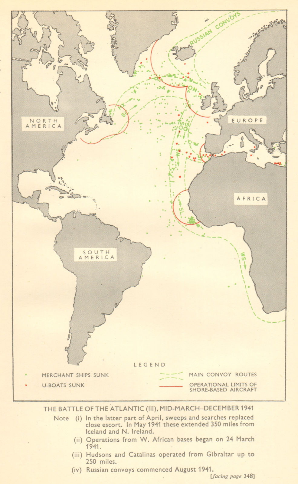 Battle of the Atlantic mid-March-December 1941. World War 2 RAF Convoys 1953 map