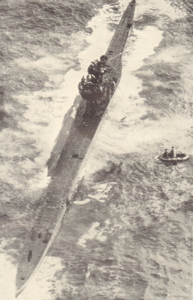 U-boat 570 surrenders to RAF Catalina aircraft. World War 2. Atlantic 1953
