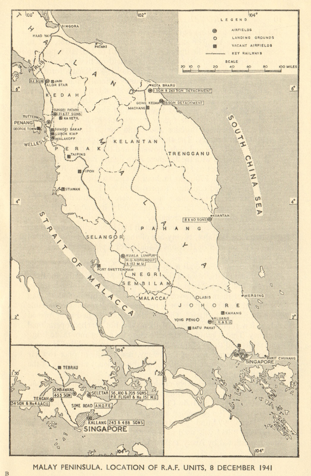 Malay Peninsula RAF units 8 December 1941 World War 2 Singapore 1954 old map