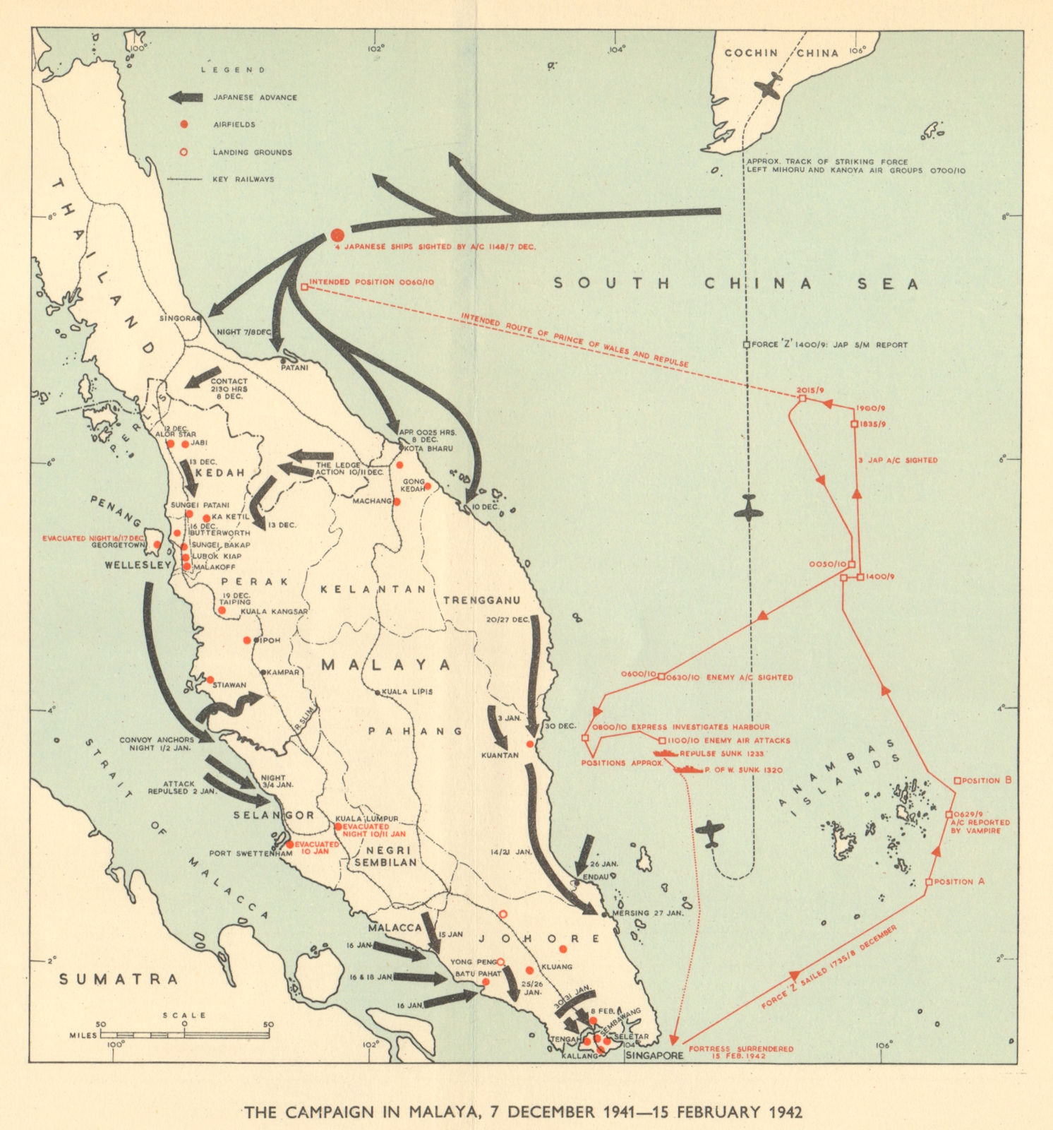 Associate Product Japanese invasion of Malaya 7 December 1941-15 Feb 1942. World War 2 1954 map