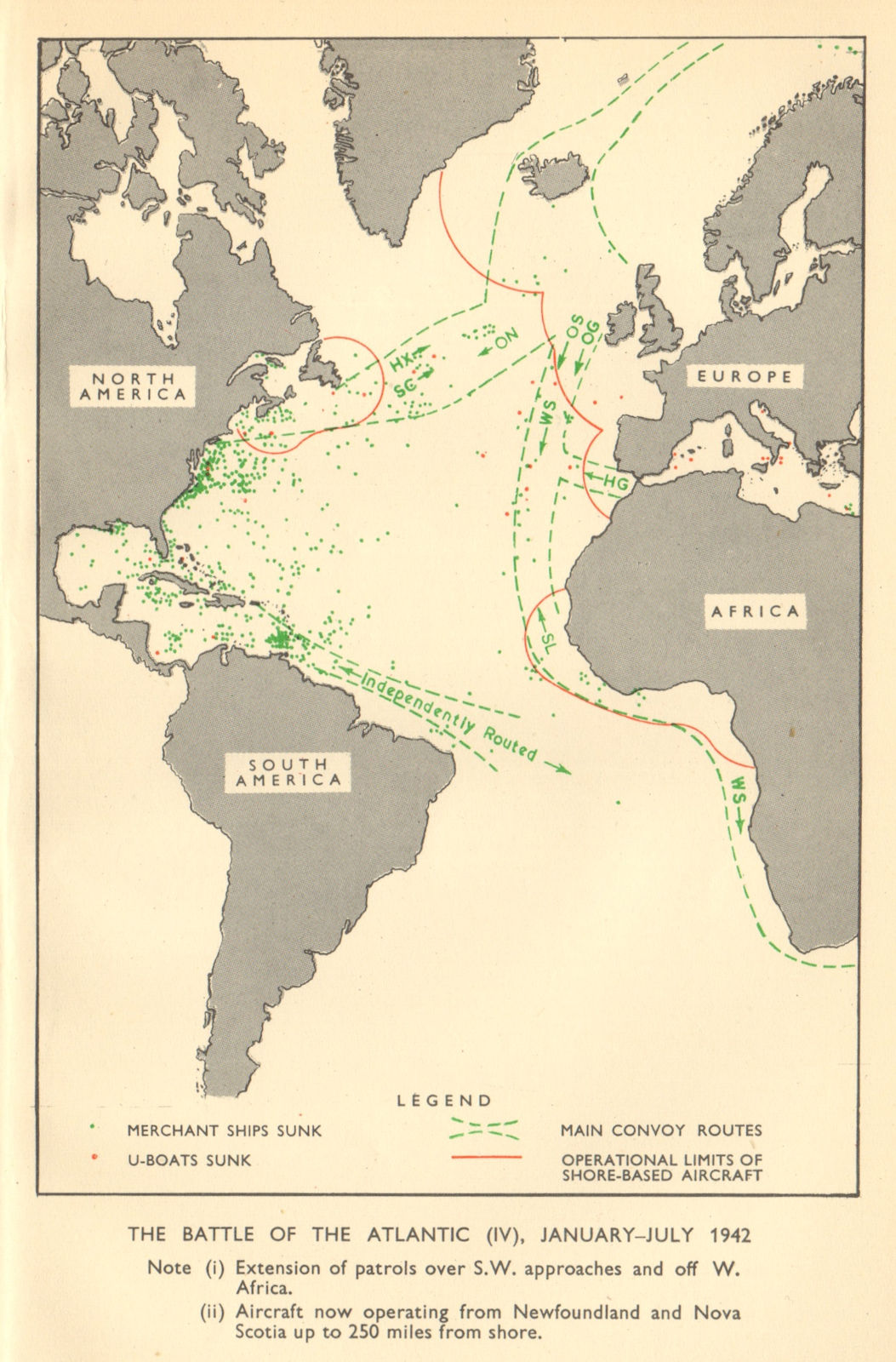 Battle of the Atlantic January-July 1942. World War 2. RAF. Convoys 1954 map