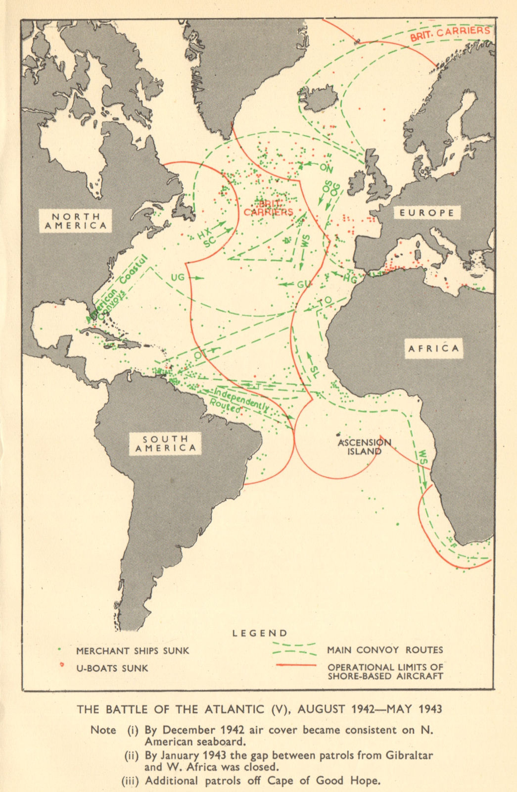 Associate Product Battle of the Atlantic August 1942-May 1943. World War 2. RAF. Convoys 1954 map