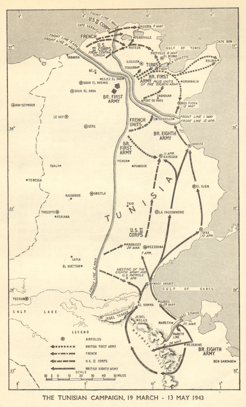 Associate Product Tunisian campaign 19 March - 13 May 1943. World War 2. North Africa 1954 map