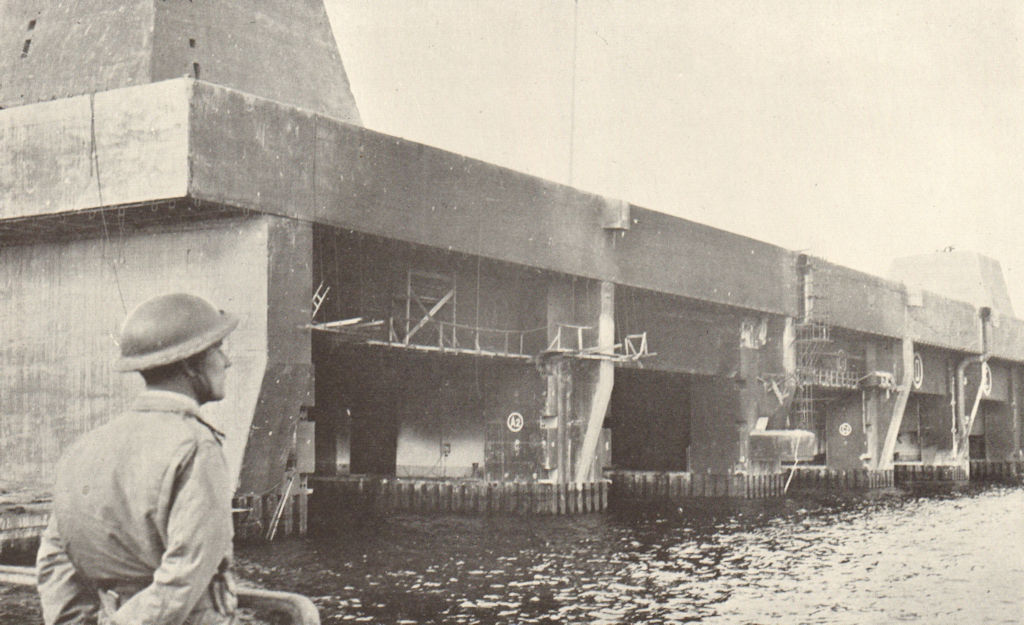 Associate Product U-boat pens at Brest. World War 2. Bunkers. Battle of the Atlantic 1954 print