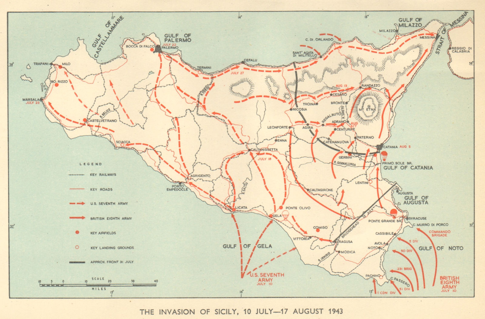 Associate Product Invasion of Sicily 10 July-17 August 1943. World War 2. Italy 1954 old map