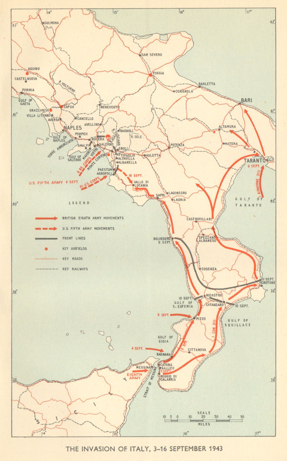 Associate Product Invasion of Italy September 1943. World War 2 Salerno Taranto Calabria 1954 map