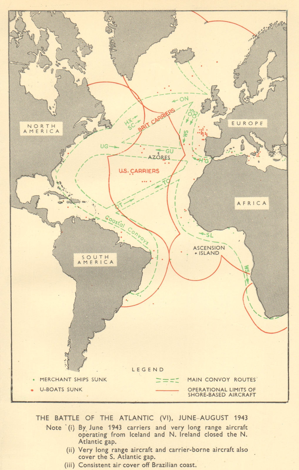 Battle of the Atlantic June-August 1943. World War 2. RAF. Convoys 1954 map