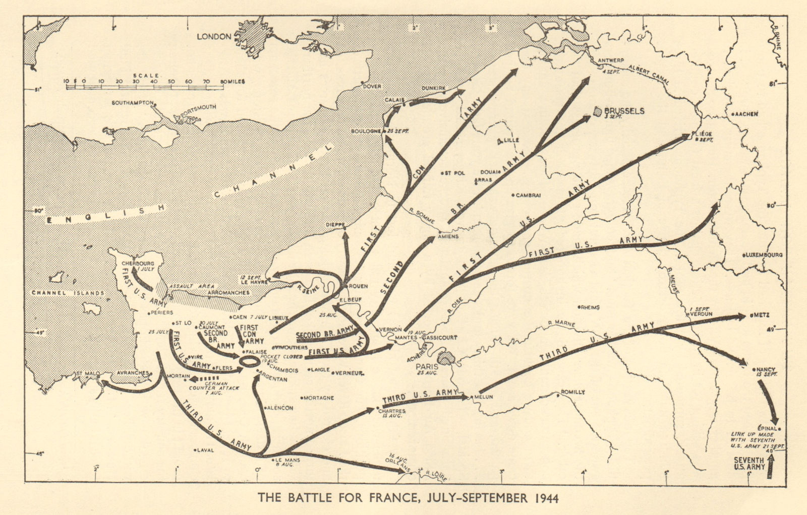 Associate Product Battle for France, July-September 1944. World War 2. Normandy Landings 1954 map