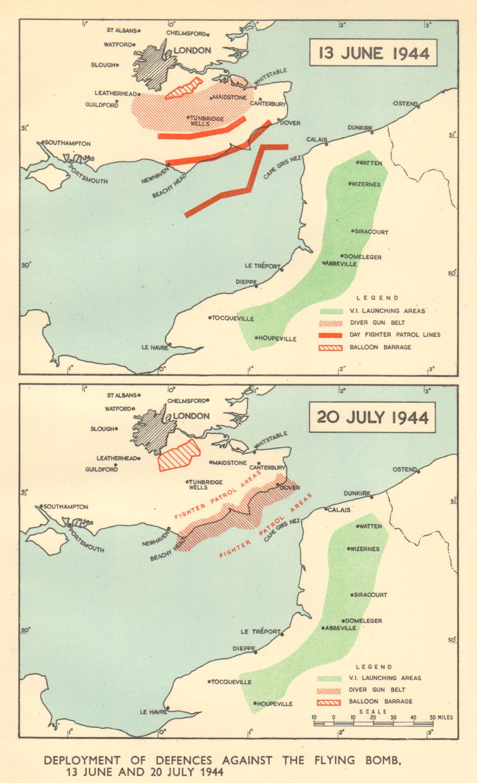 Associate Product Defences against V1 flying bomb 13 June & 20 July 1944. World War 2 RAF 1954 map