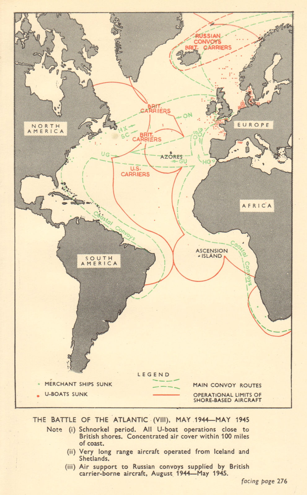 Associate Product Battle of the Atlantic May 1944-May 1945. World War 2. RAF. Convoys 1954 map