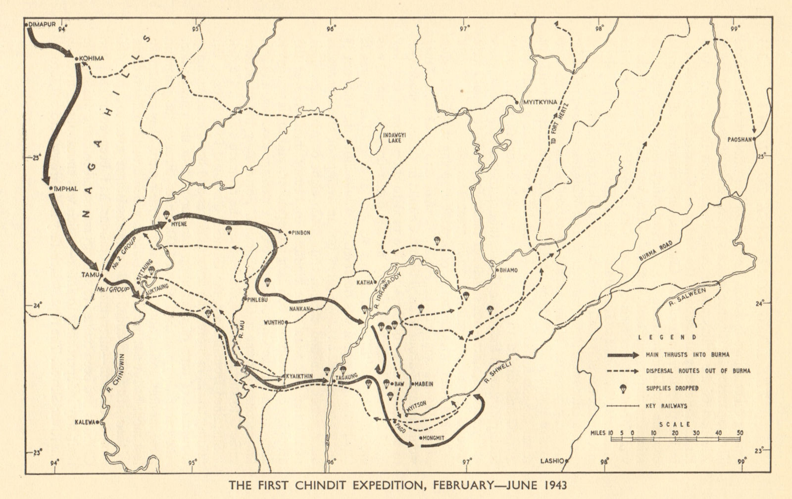 Associate Product 1st Chindit Expedition, February-June 1943. World War 2. Burma Myanmar 1954 map