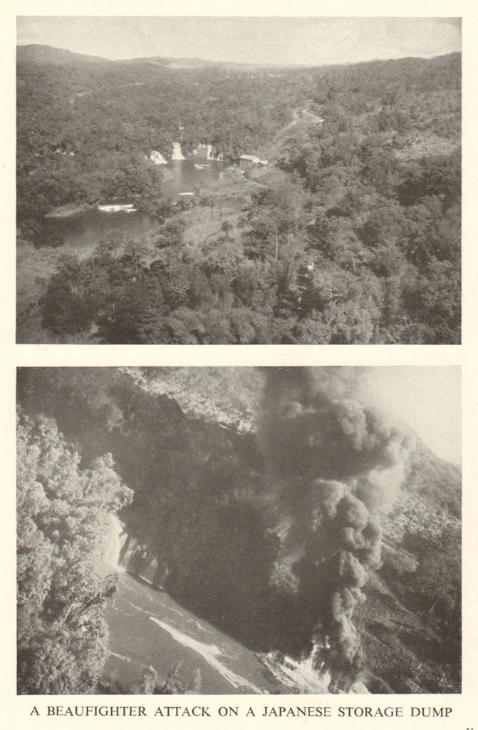 RAF Beaufighter attack on Japanese storage dump. World War 2. Burma 1954 print