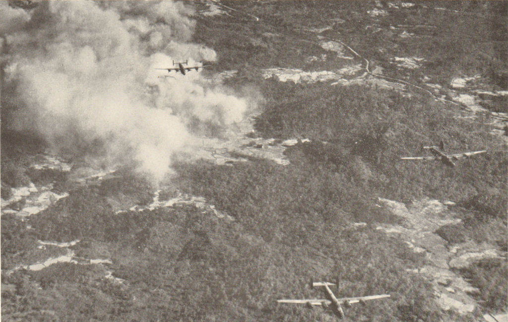 Associate Product Bombers attacking Ramree Island 1945. World War 2. Royal Air Force. Burma 1954