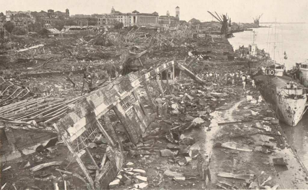 Rangoon docks bombed by Allies. World War 2. Royal Air Force. Burma Yangon 1954
