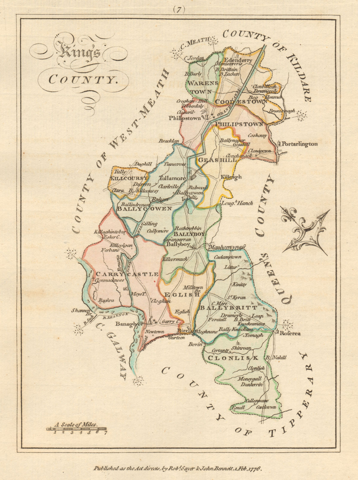 Kings County (Offaly), Leinster. Antique copperplate map. Scalé / Sayer 1776
