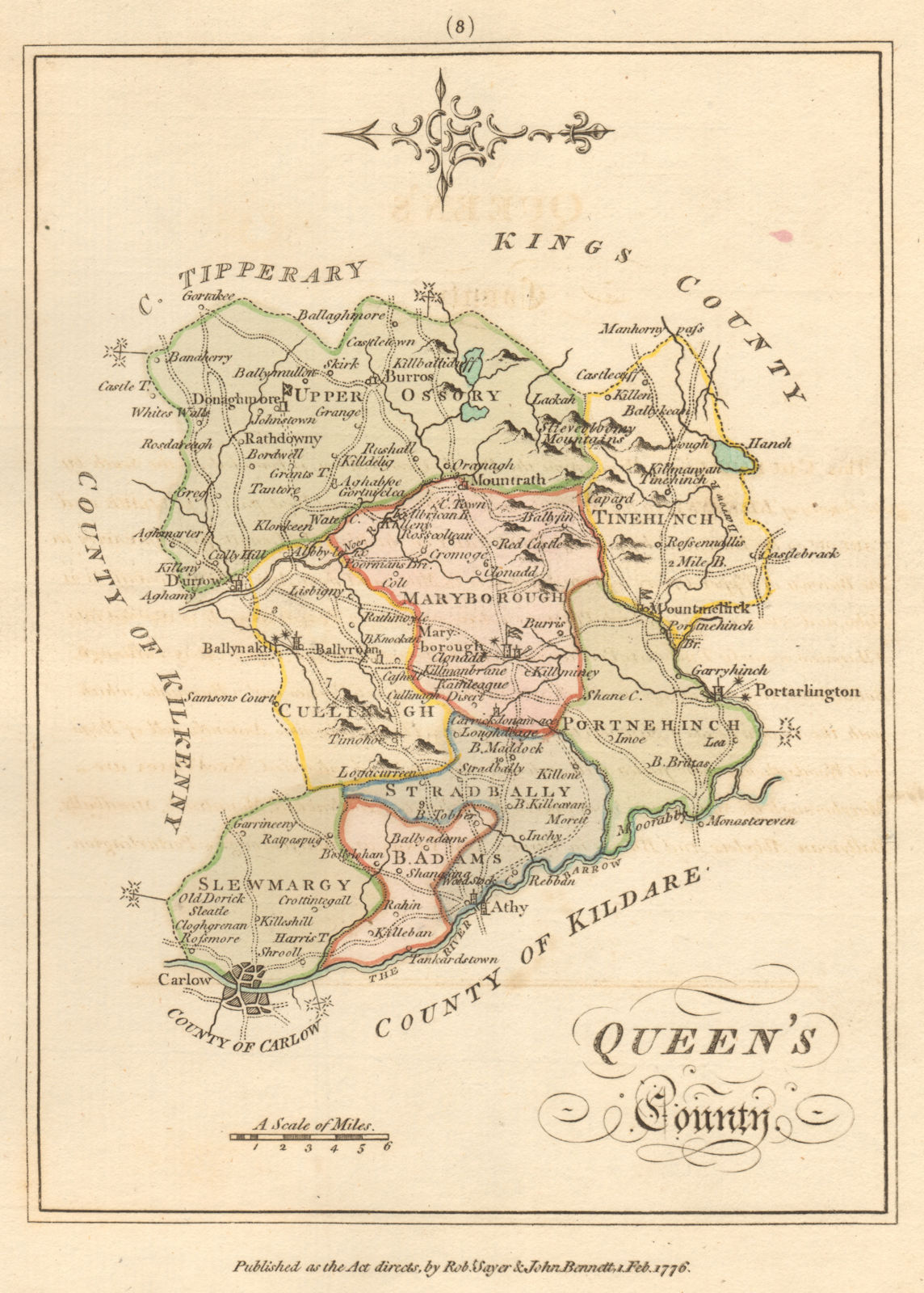 Queens County (Laois), Leinster. Antique copperplate map. Scalé / Sayer 1776