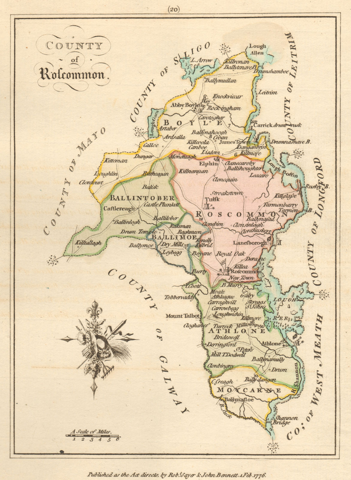 County of Roscommon, Connaught. Antique copperplate map. Scalé / Sayer 1776