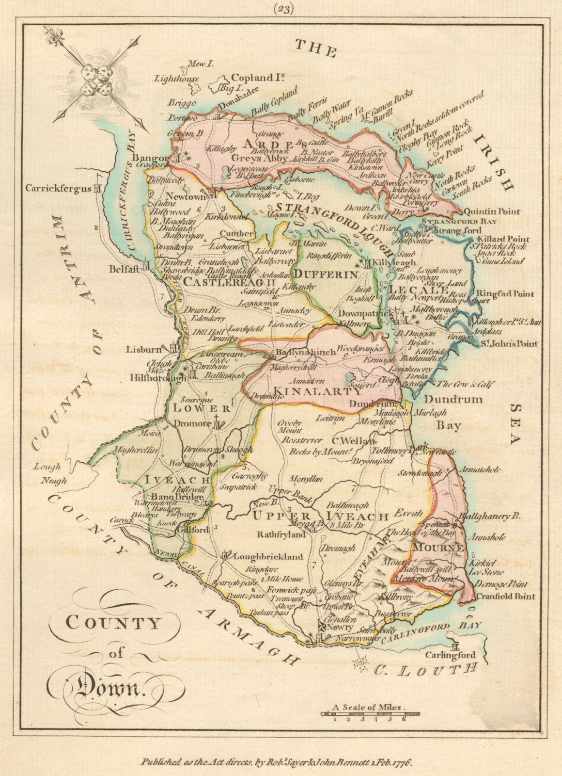 County of Down, Ulster. Antique copperplate map by Scalé / Sayer 1776 old