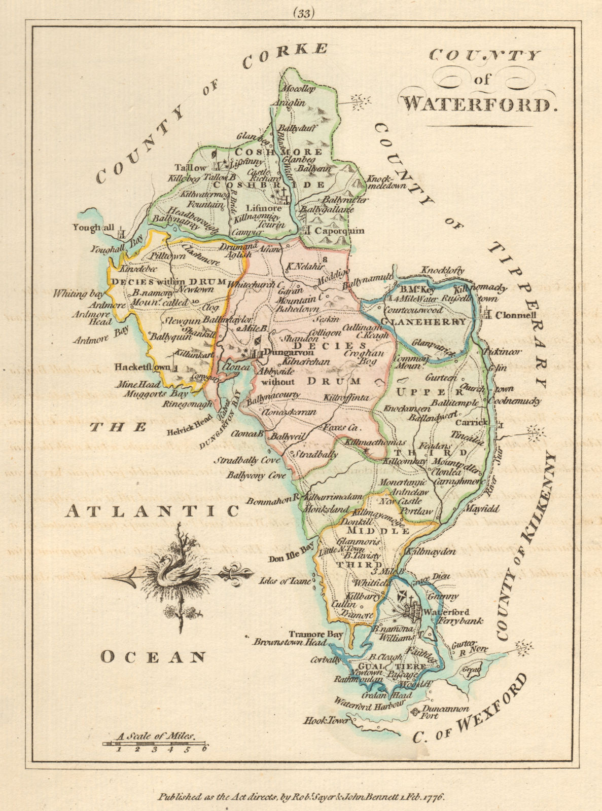 County of Waterford, Munster. Antique copperplate map by Scalé / Sayer 1776