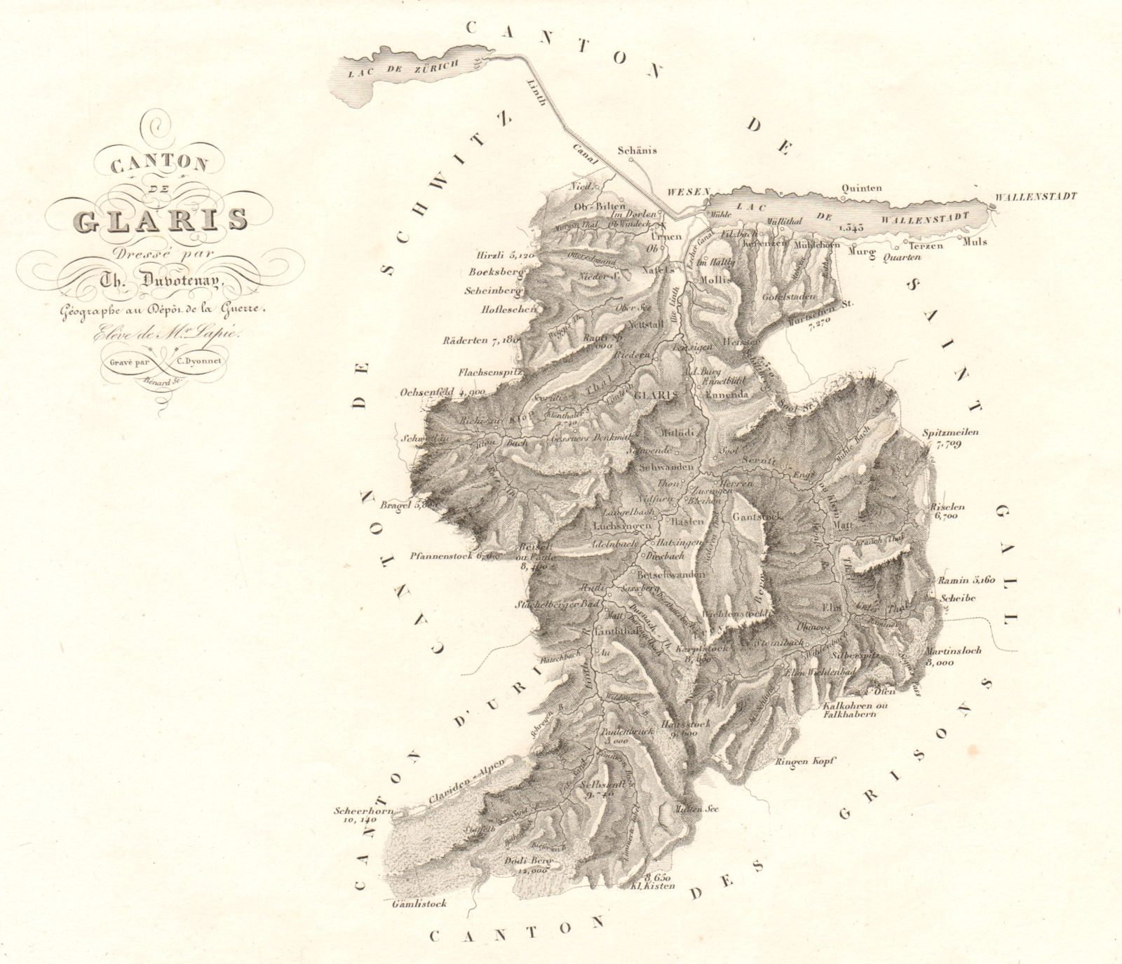 Canton de Glaris. Glarus Glarona Glaruna. Schweiz Switzerland DUVOTENAY 1837 map
