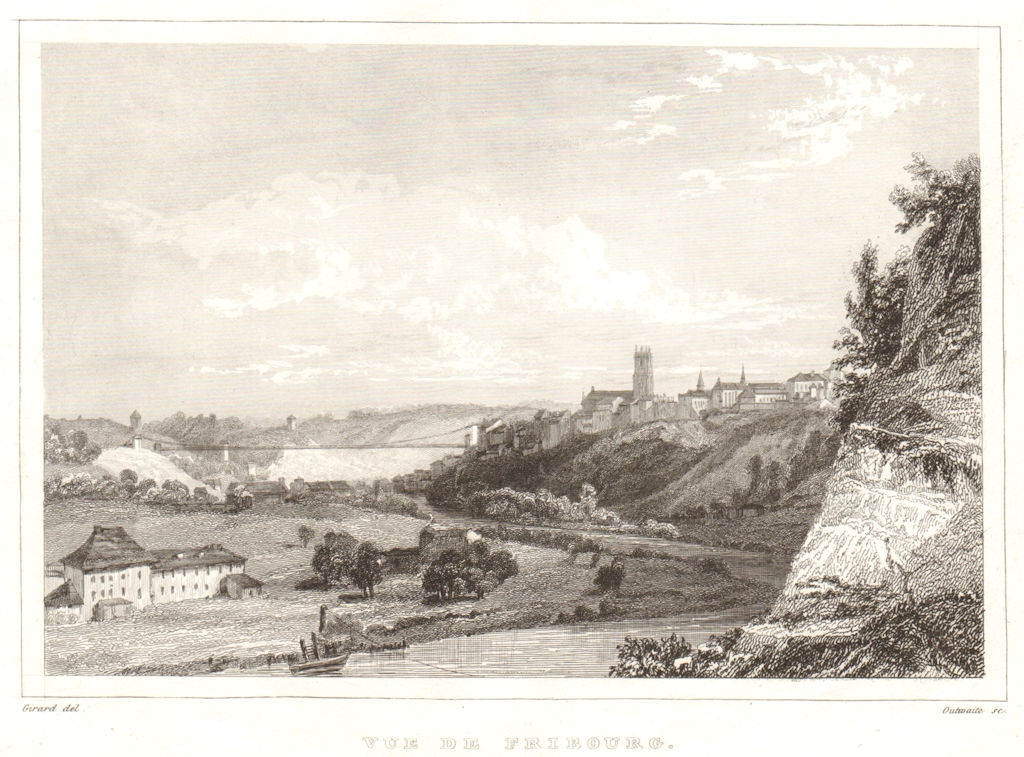 Vue de Fribourg. View of the city of Friburg. Freiburg Friburgo Switzerland 1837