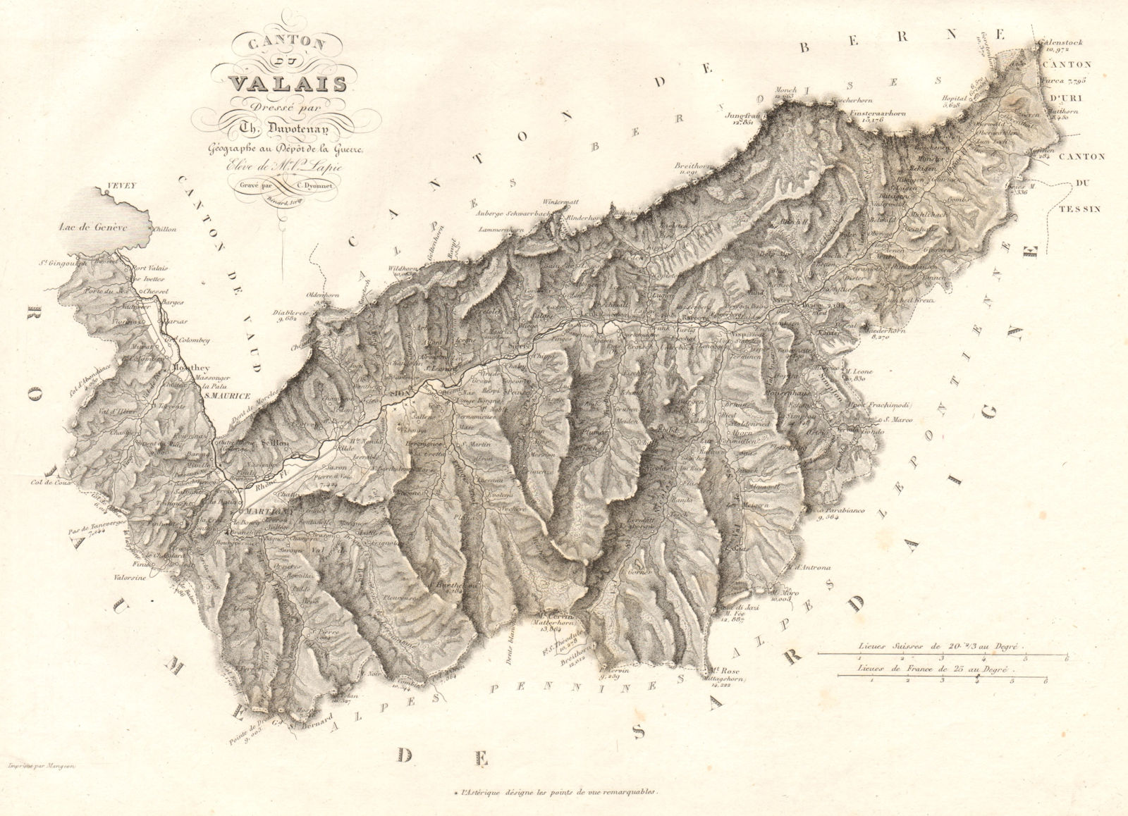 Canton du Valais. Wallis Vallese Vallais. Suisse Schweiz. DUVOTENAY 1837 map