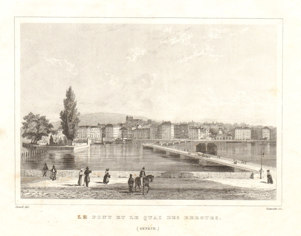 Le Pont et le Quai des Bergues, Genève. Geneva Genf Ginevra Genevra. Suisse 1837