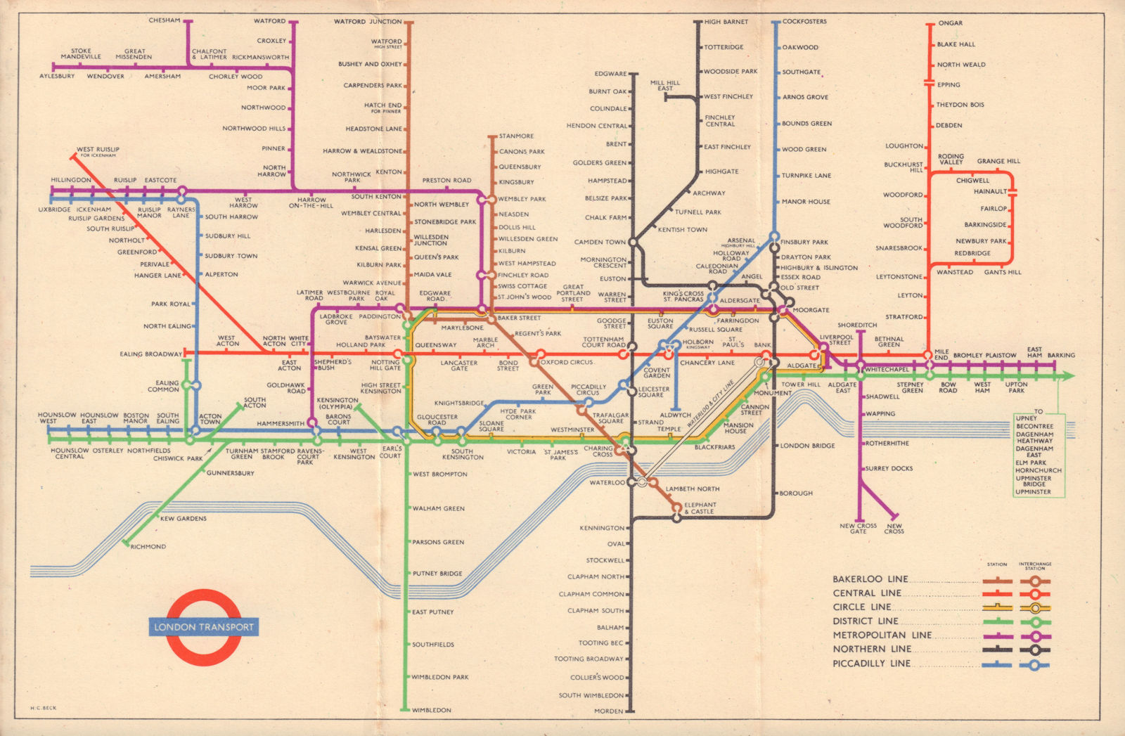 LONDON UNDERGROUND tube map plan. Epping - Ongar. South Acton. HARRY BECK 1951