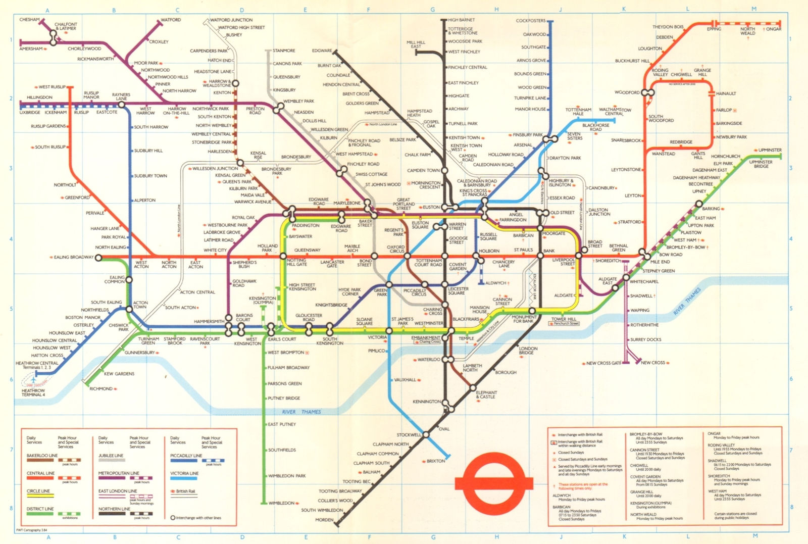 LONDON UNDERGROUND tube plan map. Heathrow Terminal 4 under construction 1984