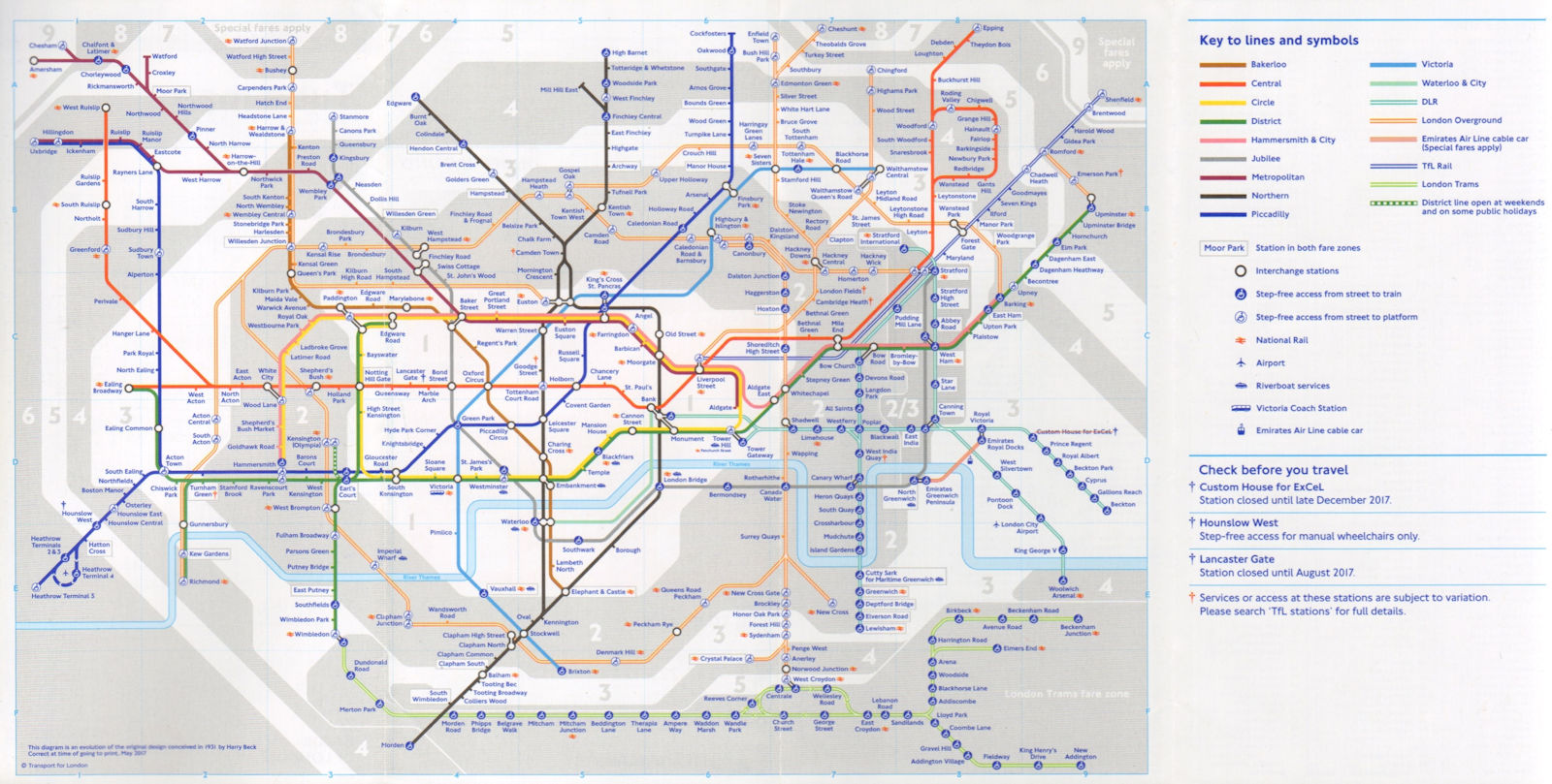 LONDON UNDERGROUND tube map. Enfield Chingford Cheshunt Overground TfL Rail 2017