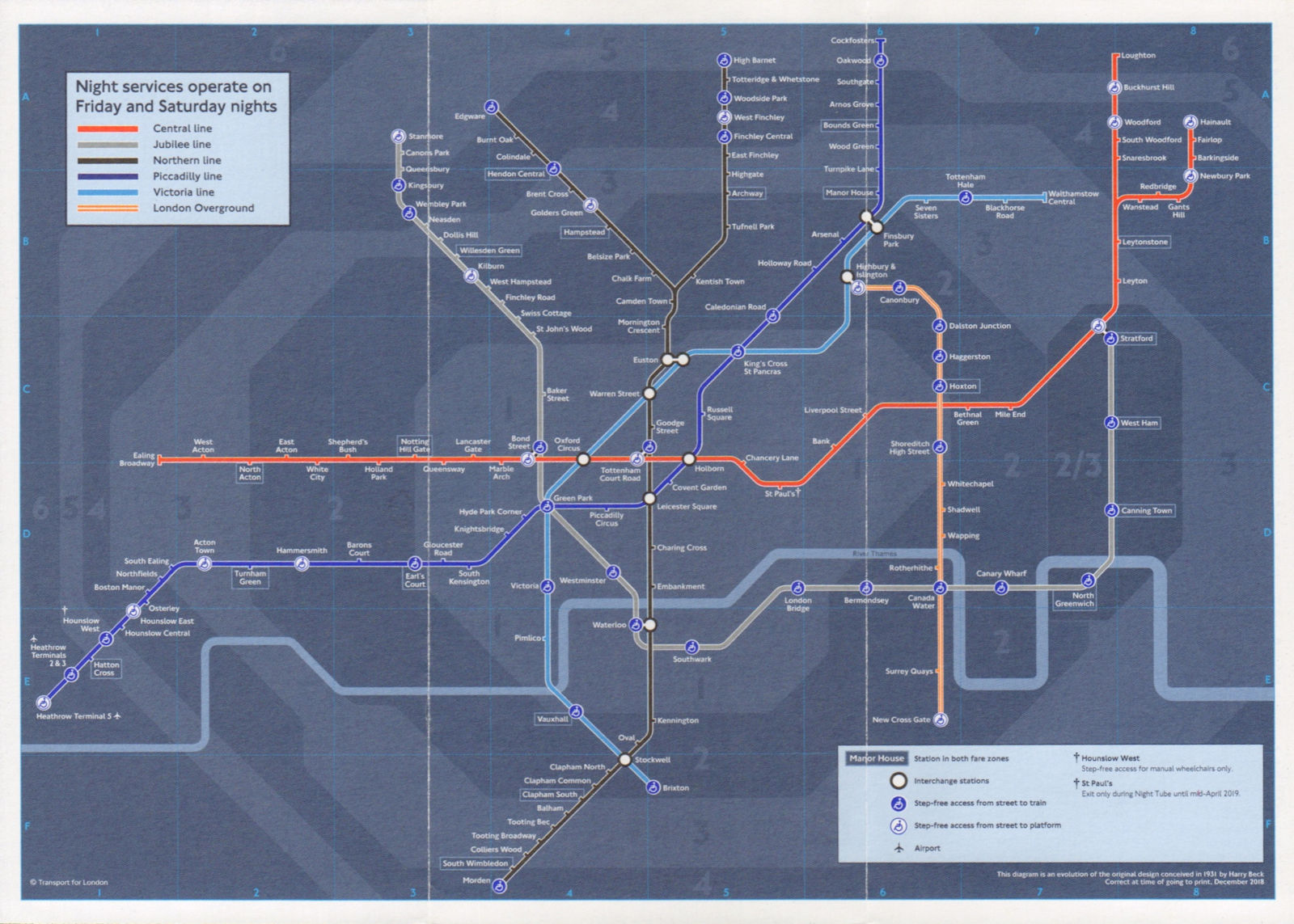 LONDON UNDERGROUND tube & Overground night services map 2018 old vintage