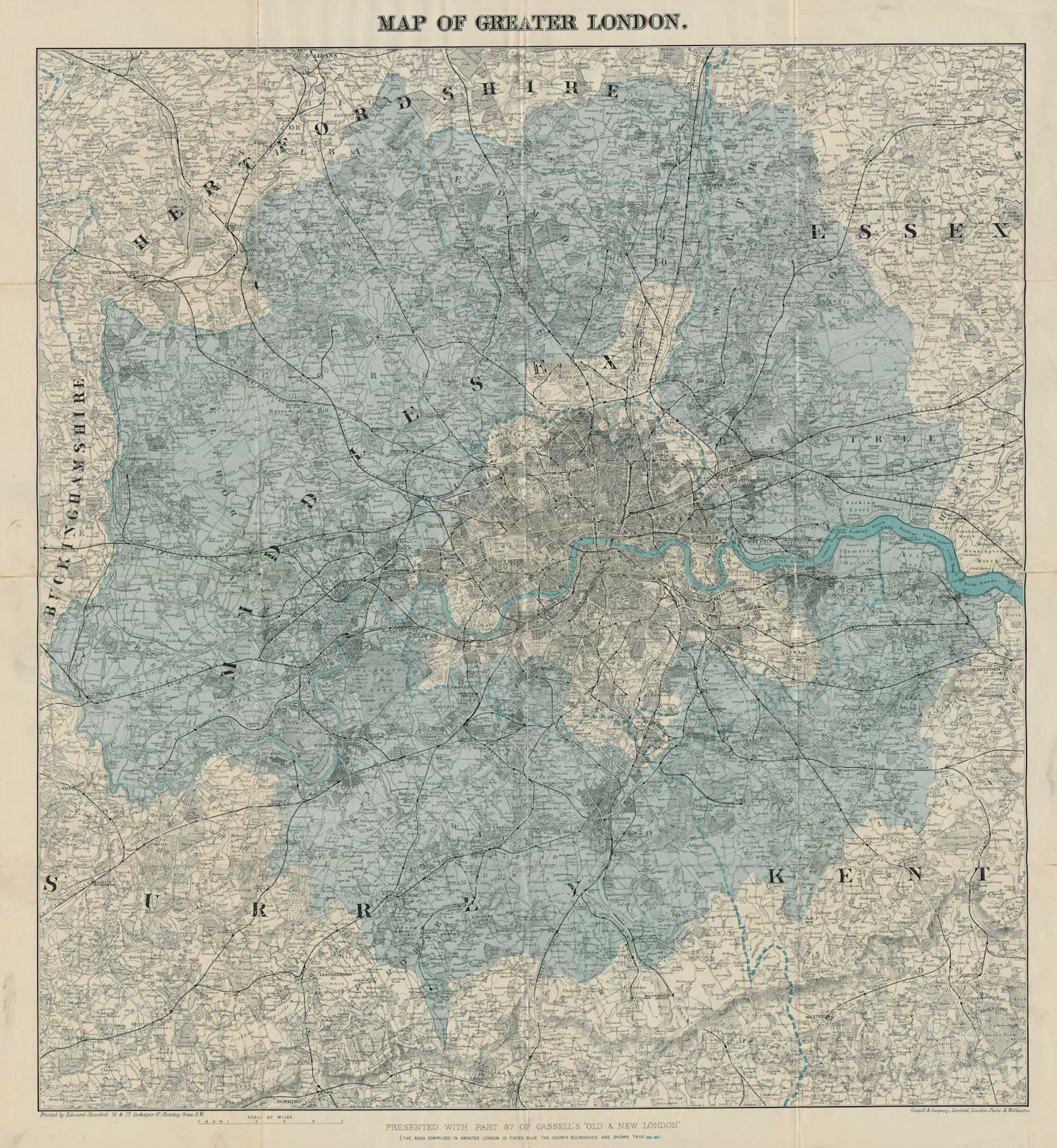 Large folding map of GREATER LONDON by Edward STANFORD. 75x86cm c1890