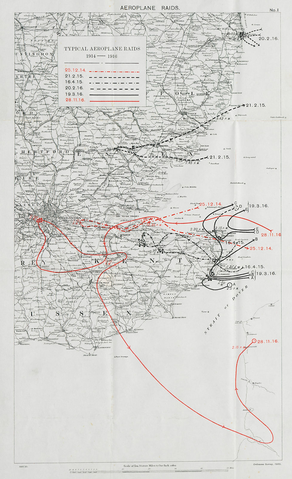 WW1 German Typical Aeroplane raids 1914-1916 London Lowestoft Kent 1930 map