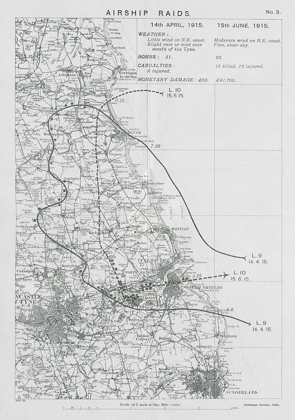 WW1 German Airship raids 14 April/15 June 1915 Tyneside Northumberland 1930 map