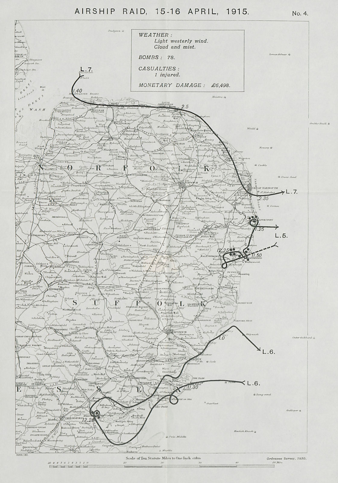 Associate Product WW1 German Airship raid 15-16 April 1915 Lowestoft Southwold Maldon 1930 map