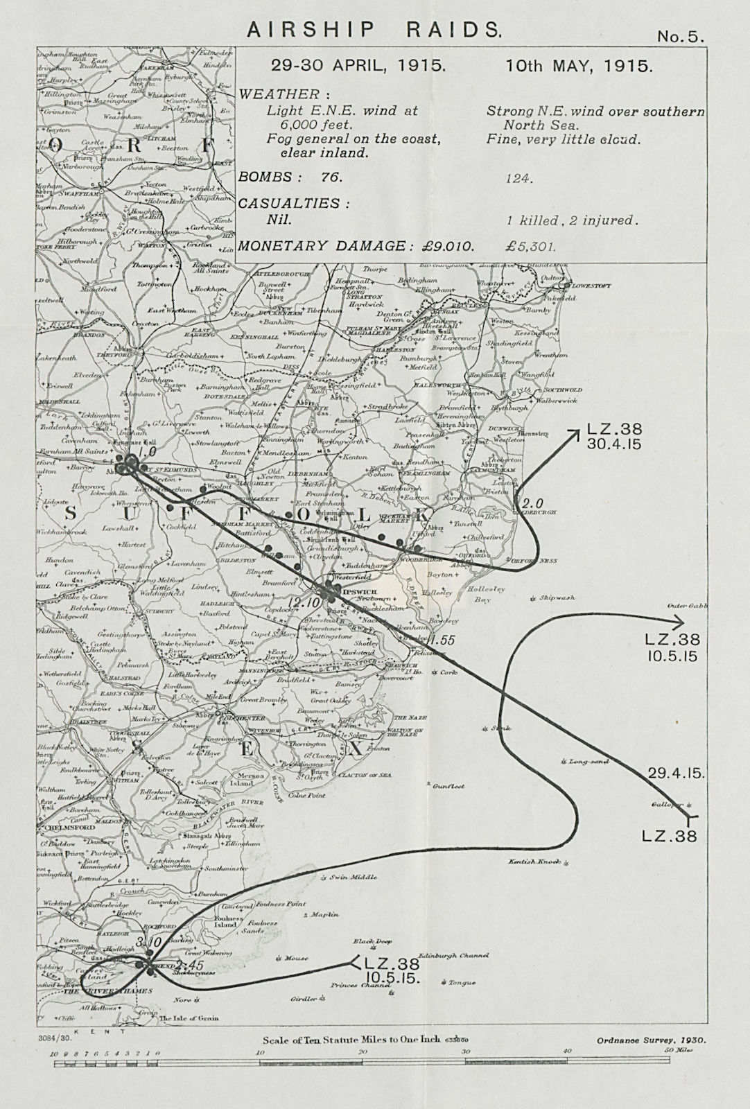 WW1 German Airship raids 1915 Ipswich Bury St Edmunds Southend 1930 old map
