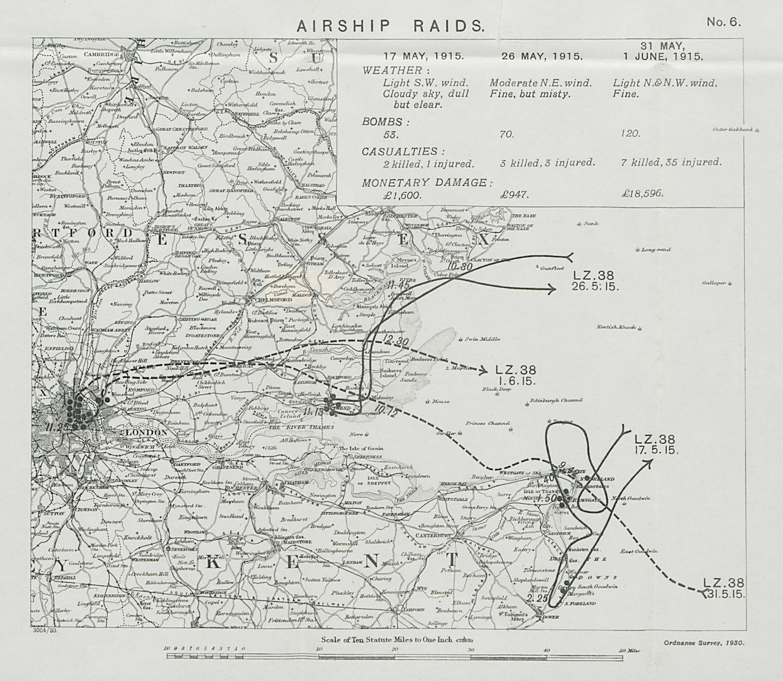 Associate Product WW1 German Airship raid 17 May-1 June 1915 Southend Ramsgate London 1930 map