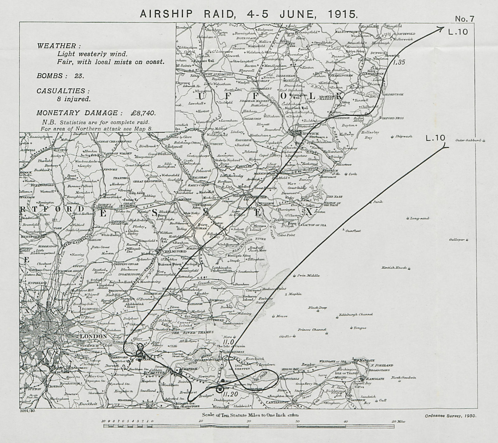 WW1 German Airship raid 4-5 June 1915. Gravesend Sittingbourne Kent 1930 map