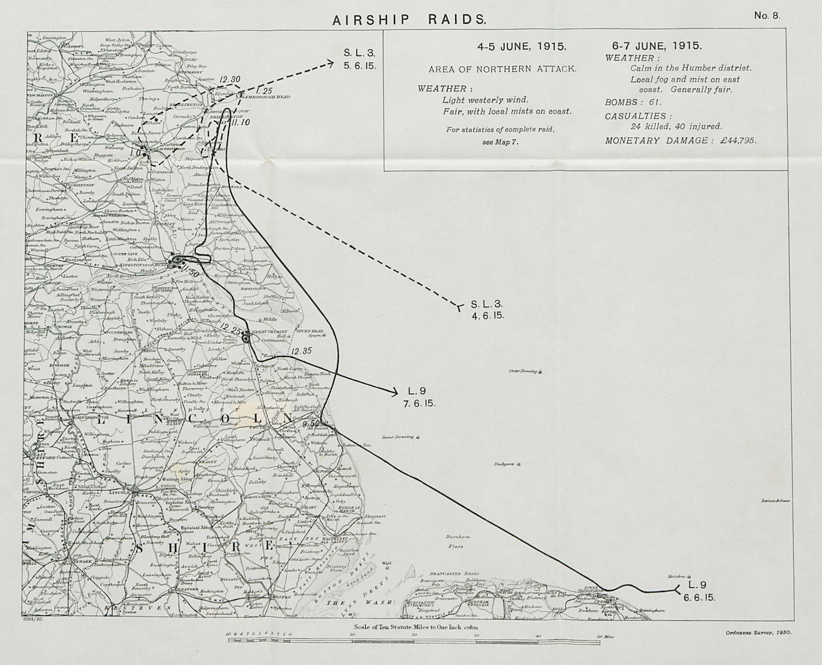 Associate Product WW1 German Airship raid 4-5 June & 6-7 June 1915 Grimsby Hull Yorkshire 1930 map