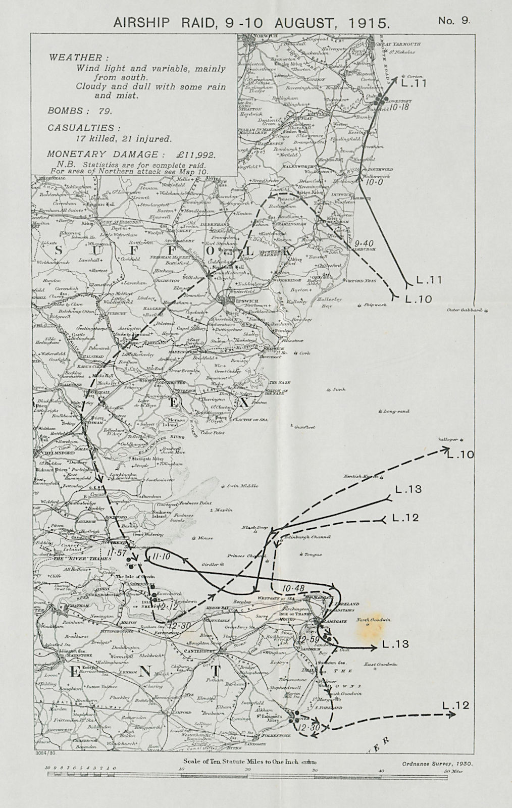 Associate Product WW1 German Airship raid August 1915 Lowestoft Dover Ramsgate Sheerness 1930 map