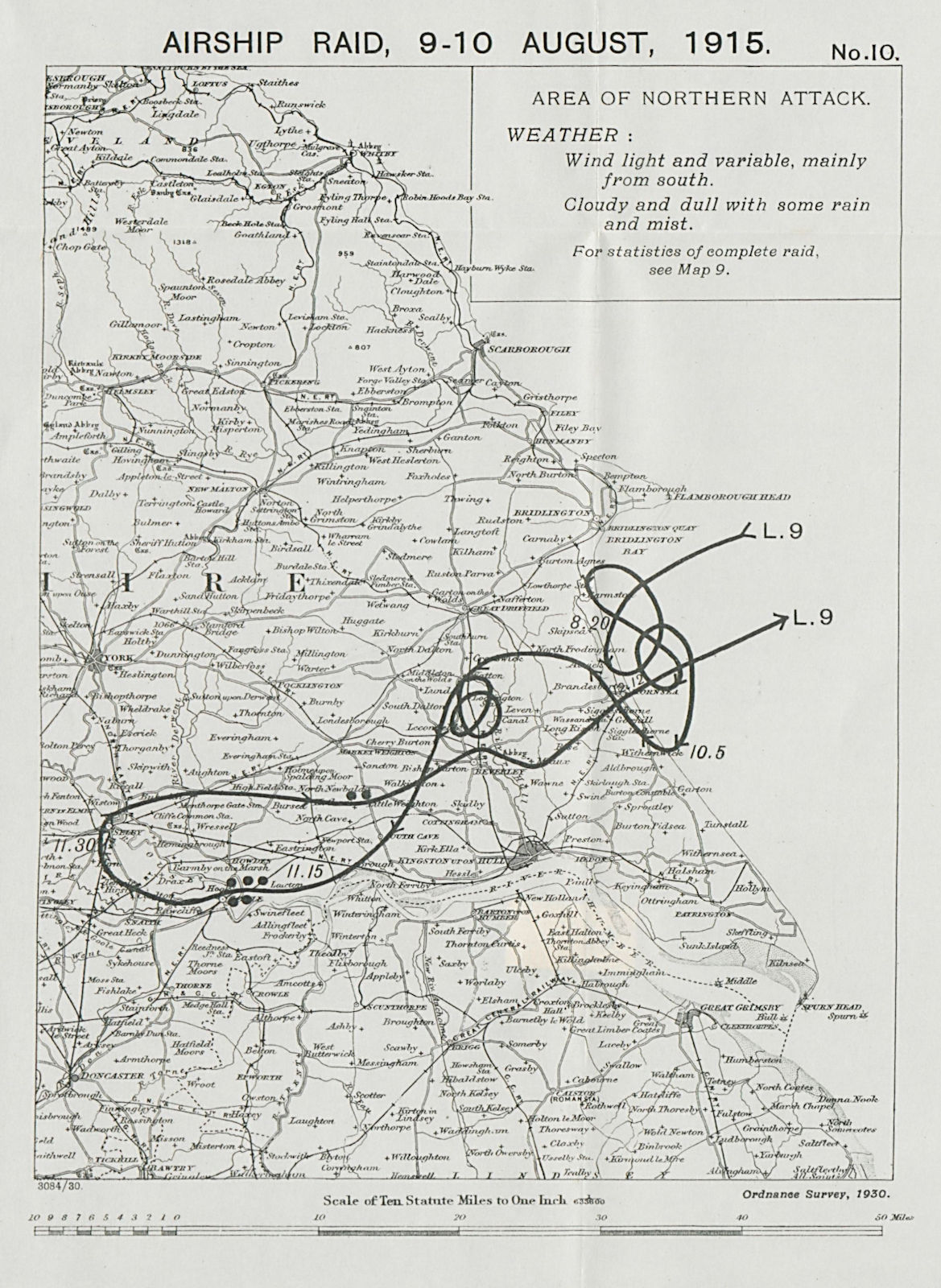 WW1 German Airship raid 9-10 August 1915. Goole Humber Yorkshire 1930 old map