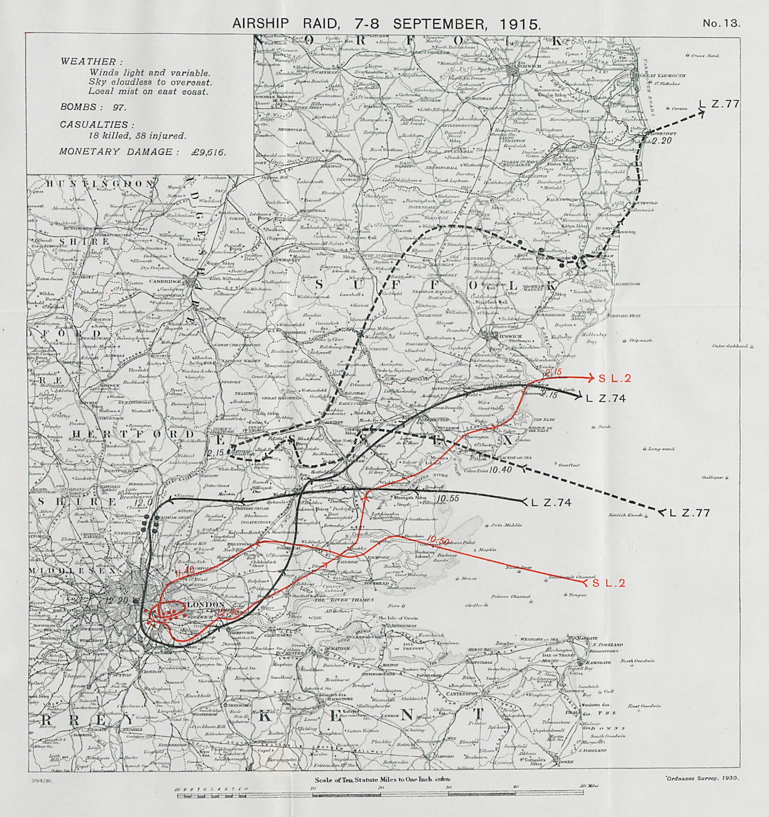 WW1 German Airship raid September 1915 Greenwich Woolwich Waltham Abbey 1930 map