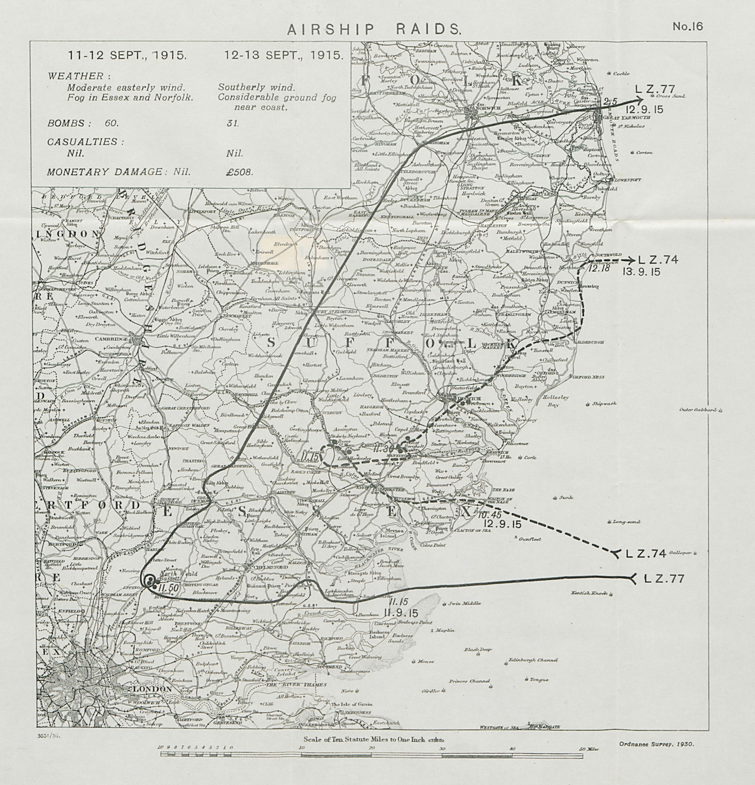 WW1 German Airship raids 11-13 Sept 1915 Ipswich Epping Suffolk 1930 old map