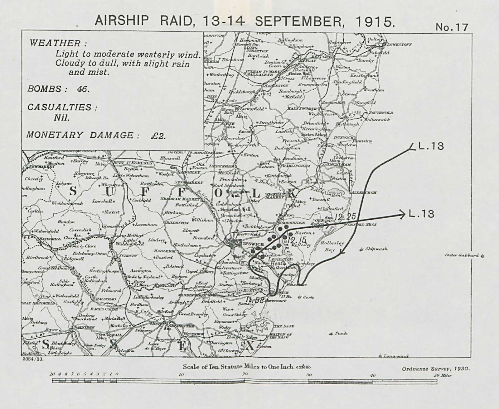 WW1 German Airship raid 13-14 September 1915 Ipswich Woodbridge Suffolk 1930 map