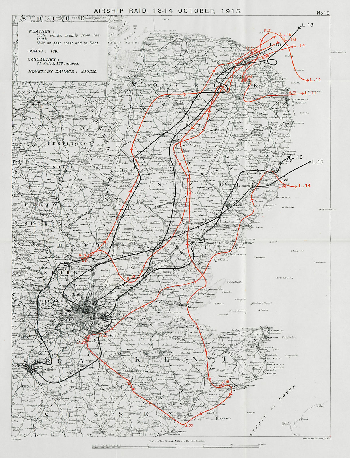 WW1 German Airship raid Sept. 1915 London Guildford Ipswich Hertford 1930 map