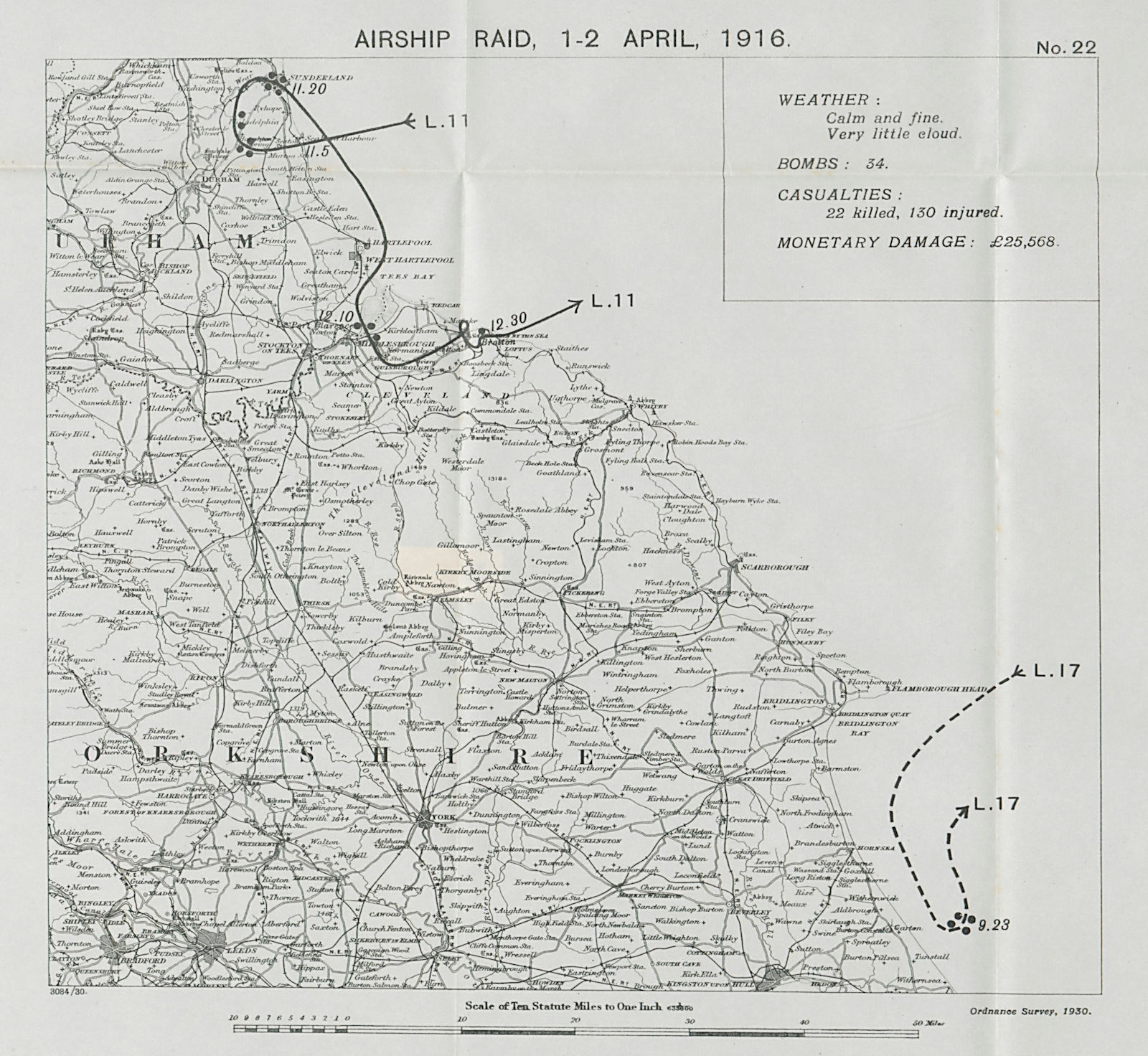 WW1 German Airship raid April 1916 Middlesbrough Sunderland Saltburn 1930 map