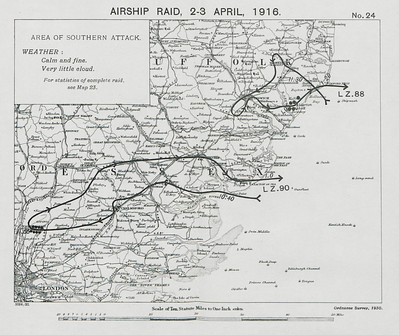 Associate Product WW1 German Airship raid 2-3 April 1916 Waltham Abbey Bawdsey Essex 1930 map