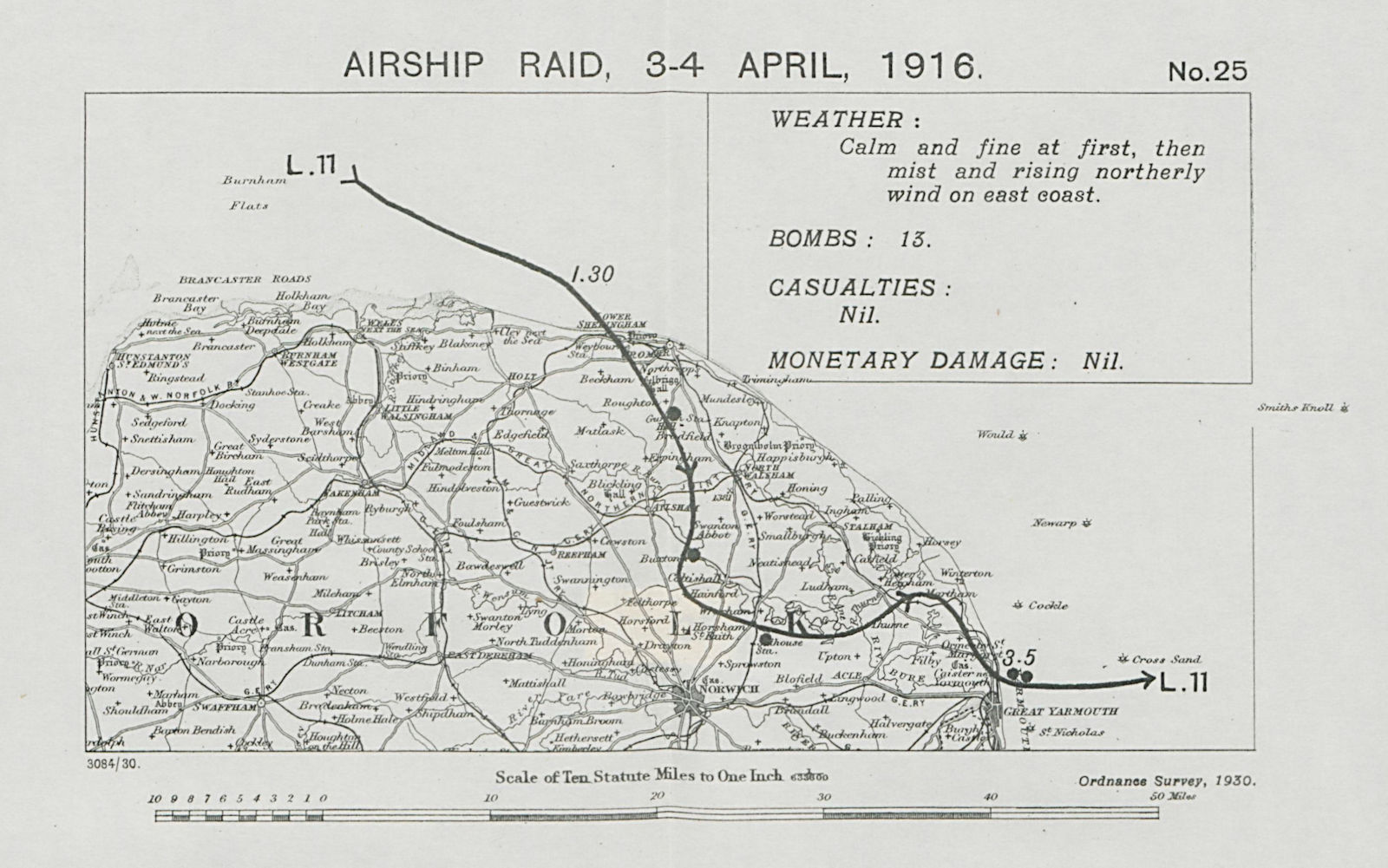 WW1 German Airship raid 3-4 April 1916 Great Yarmouth Cromer Norfolk 1930 map