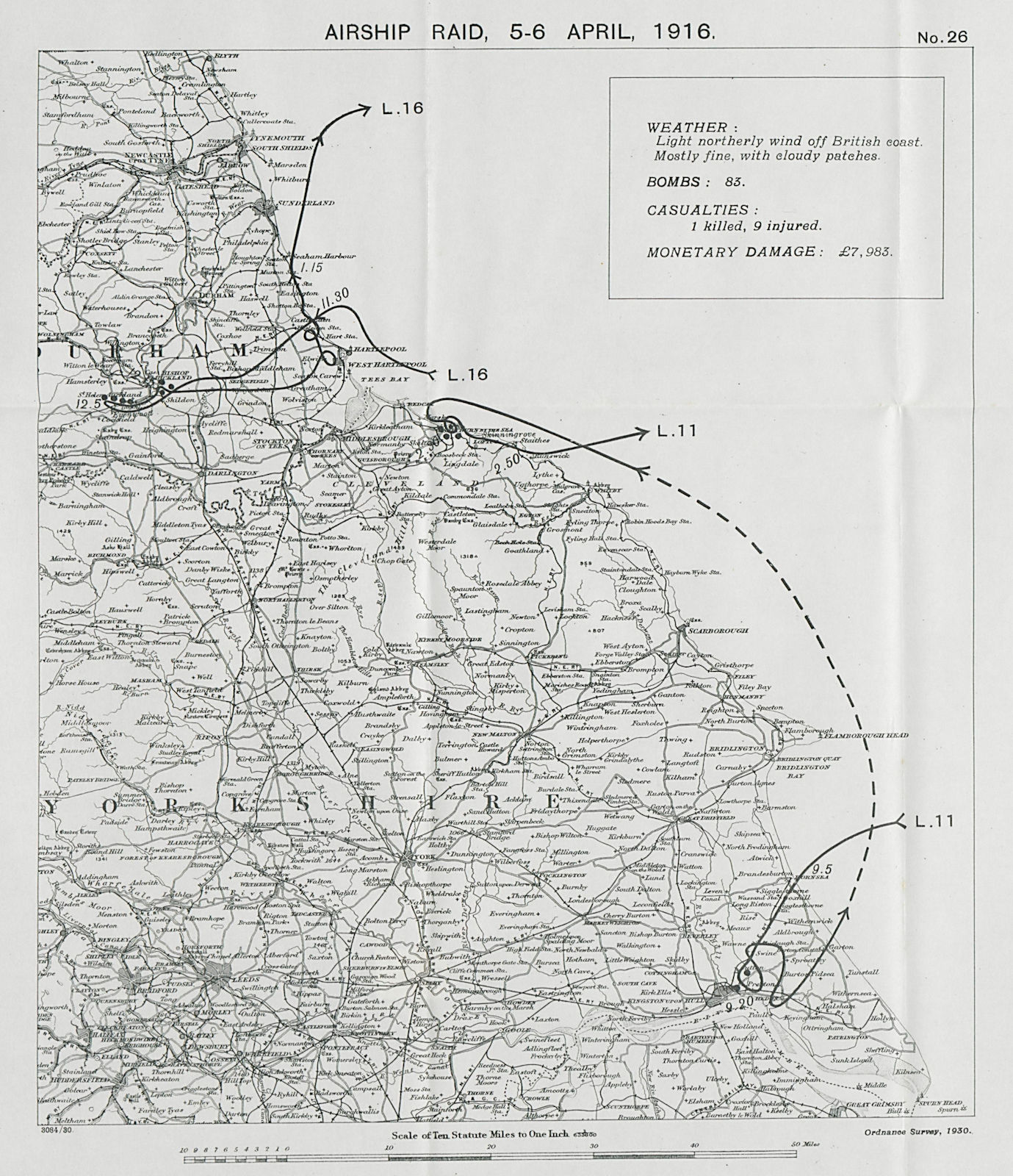 WW1 German Airship raid 5-6 April 1916 Bishop Auckland Saltburn Hull 1930 map